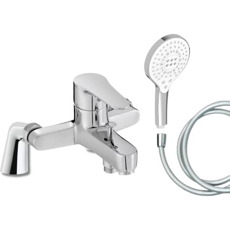 Mitigeur baignoire JACOB DELAFON July + pommeau de douche Metro signature + flexible de douche lisse + colonnettes (1/4)