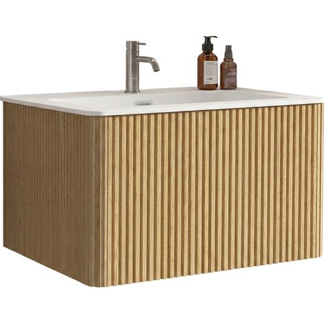 Lavabo de 80 cm de large avec meuble sous-vasque pour salles de bains modernes, vasque en fonte minérale, design rainuré, meuble de salle de bains mural de 80 cm, finition chêne, pré-assemblé (1/4)