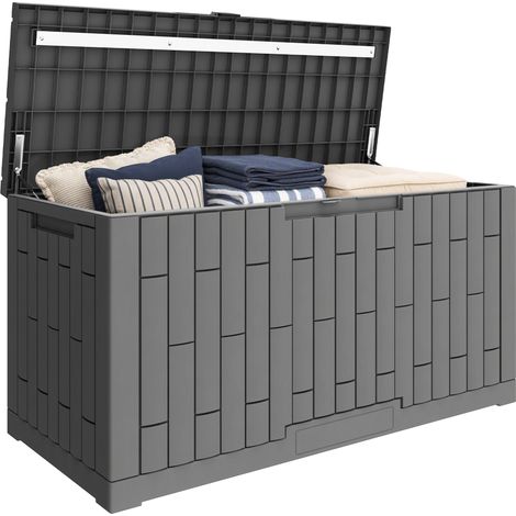 Coffre de rangement extérieur - Outsunny - verrouillable avec vérin à gaz, aspect bois - pp - 379 L - gris (1/5)
