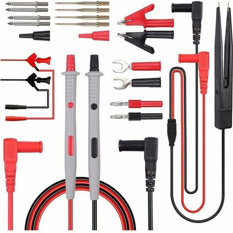 Kit de cordons de test pour multimètre électrique : cordon de test 21 en 1 avec pinces crocodiles, sonde de test, fiche banane et cordon multimètre pour testeurs de tension. (1/4)