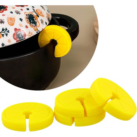 Set di 4 sollevatori per coperchi antigoccia, supporti per coperchi a forma di fetta di limone, sollevatori per coperchi in silicone per pentole da zuppa, pentola per zuppa anti-bolle (1/5)