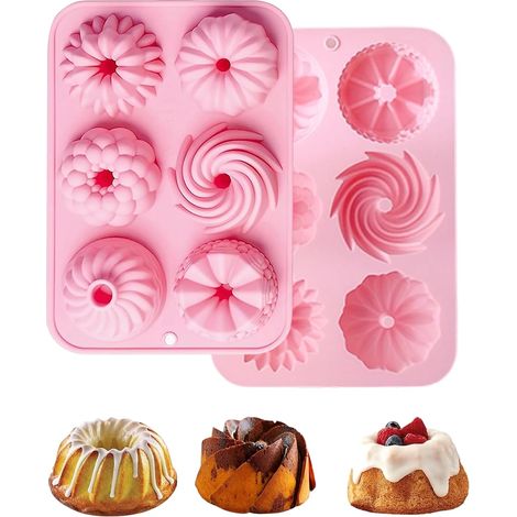 Set di 2 stampi per dolci in silicone, piccolo stampo per savarin, 6 diverse forme scanalate, stampo per ciambelle, cavità per cuocere cupcake, muffin, cioccolatini (1/5)