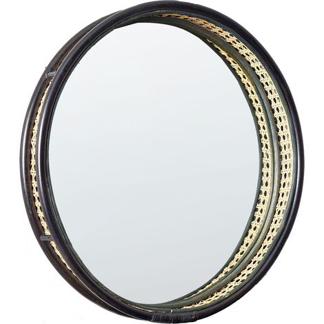 Specchio da parete Home Décor Forma rotonda Cornice Rattan Intreccio viennese Nero 60 cm Daksa