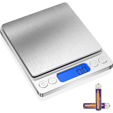 Balanza electrónica de cocina de precisión de 3 kg/0,1 g con 6 unidades Balanza de cocina de acero inoxidable con pantalla LCD y función de tara, para pesar alimentos al cocinar, hornear y mezclar. (1/5)