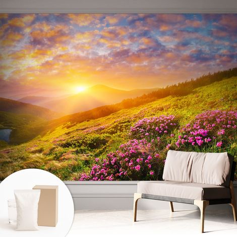 Papier peint avec colle pour décoration moderne de salon chambre à coucher cuisine et bureau Facile Coucher de soleil en montagne 312x219 cm (1/5)