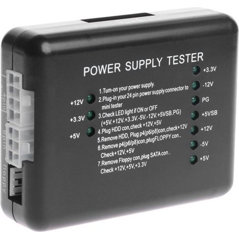 Testeur d'alimentation PC 20/24 broches pour alimentations de disques durs SATA ATX, avec indicateurs LED, capable de mesurer les tensions 12V, 5V et 3,3V. (1/3)