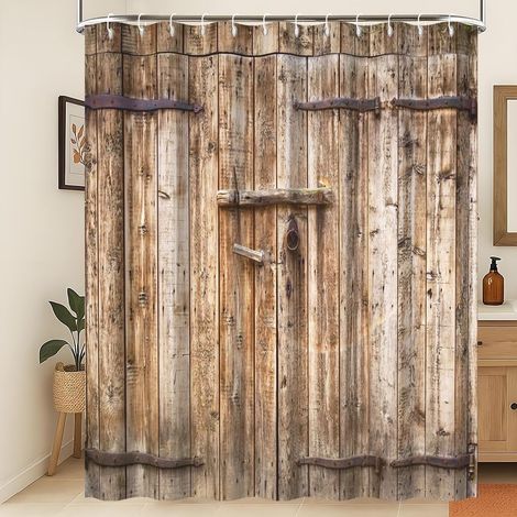Rideau de Douche Rustique Vintage Rideau de Bain Porte de Grange Marron Vintage Porte en Bois Imperméable à l'eau Rideau de Douche Lavable et résistant à la moisissure 240x180cm (1/5)