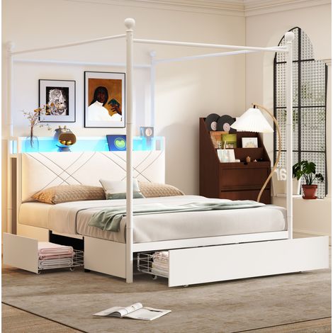 Letto matrimoniale 140x190 con baldacchino, 3 cassetti, LED e USB, bianco (1/5)