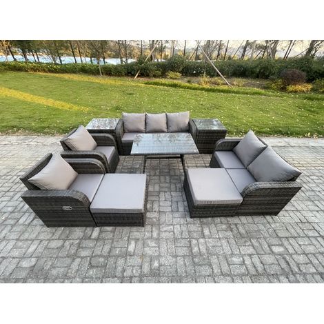 Fimous Salon de jardin exterieur 9 places Ensemble de canapés en rotin avec Table à manger 2 Grand tabourets 2 Tables d'appoint Gris foncé mixte (1/5)