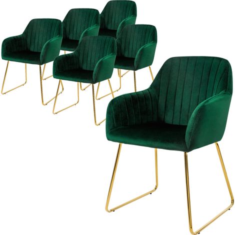 ML-Design Esszimmerstühle 6er Set, Sitzfläche aus Samt, Grün, Wohnzimmerstuhl mit Rücken- und Armlehnen, Küchenstuhl Gold Beine, Polsterstuhl mit Metallgestell, Ergonomische Sessel für Esstisch