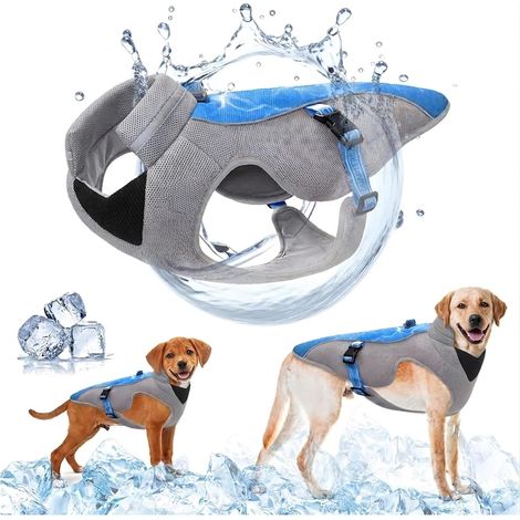 Gilet Rafraîchissant pour Chien avec Harnais D-Snap - Bandes Réfléchissantes, Maille Respirante - Manteau Rafraîchissant Sportif pour Petits, Moyens Et Grands Chiens, Bleu L (1/5)