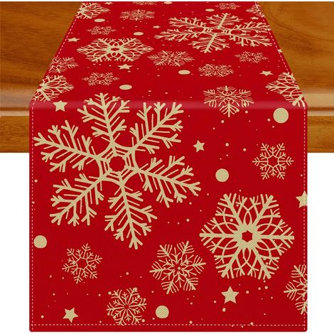 Weihnachtstischläufer, rot-goldene Schneeflocken-Tischdecke, waschbar, saisonal, Winter, moderner Leinen-Tischläufer für Party, Urlaub, Küche, Esszimmer, Tischdekoration, 33 x 183 cm (1/5)