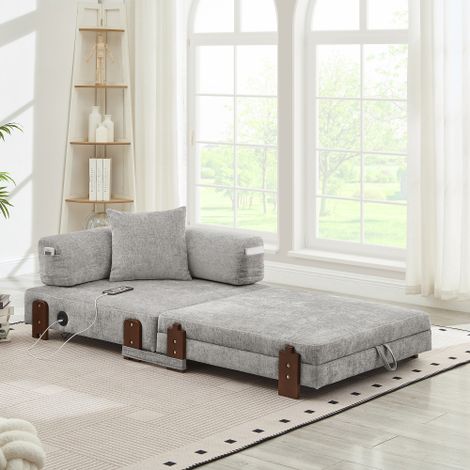 2-in-1 Folding Sofa with Sleep Function & USB & Type C Port & Storage,Compact Sofa Bed with Armrests for Small Spaces ,Guest Room & Loft - Light Grey
