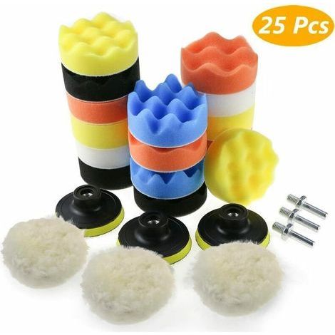 Kit de 25 tampons de polissage pour voiture – Mousse et laine – Adaptateurs M10 inclus – Pour polissage de détail et finition (1/5)