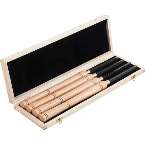 Drechselbank-Set mit 4 Werkzeugen, Holzgriffen und Hartmetall-Wendeplatten (rund, quadratisch, diamantförmig) zum Schruppen, Schlichten und Aushöhlen. Inklusive Holzkoffer. Ideal für Anfänger, Hobbyba (1/5)