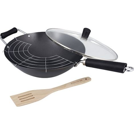 KIT CADEAU WOK EN ACIER 31 CM + SPATULE + COUVERCLE EN VERRE + GRILLE - KH431041