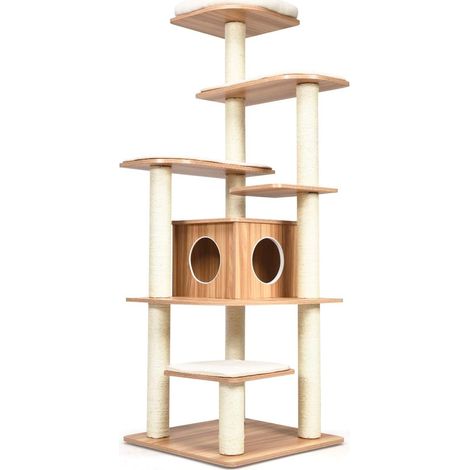 COSTWAY 175cm Katzenbaum abnehmbare&waschbare Matte,6-stufiger Katzenkratzbaum Holz, Kratzbaum Spielhaus mit Hoehle und 5 Matten, Katzenmoebel Kletterbaum Katzenhaus (1/5)