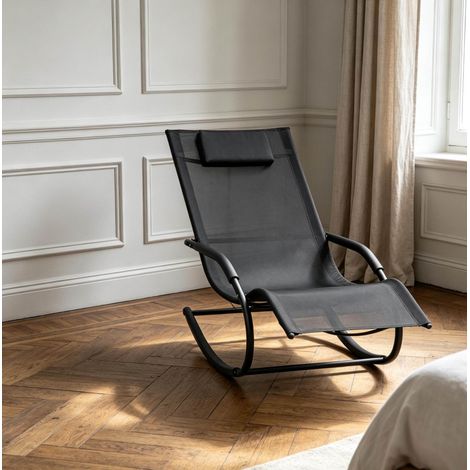 Silla mecedora de exterior de metal galvanizado y textilene negro (1/5)