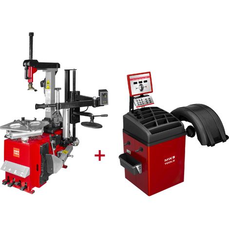 Mw Tools – Démonte-pneu 3x400V avec bras inclinable – Équilibreuse de roues 24 pouces – Gonfleur digital – Pour pneus de voitures et motos
