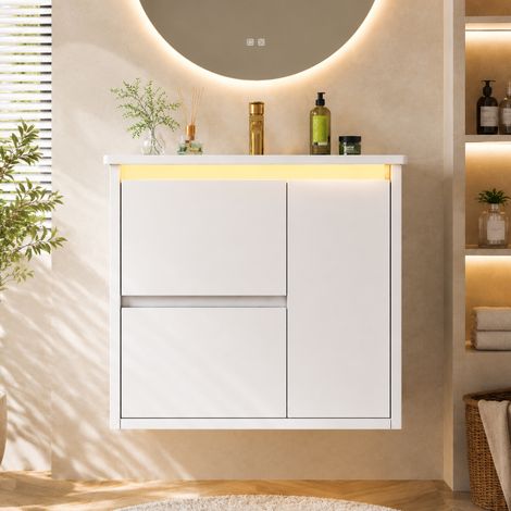 Modernluxe - Meuble de salle de bain mural avec vasque en céramique - avec 2 tiroirs et 1 porte - avec LED - Finition laquée - Blanc (1/5)