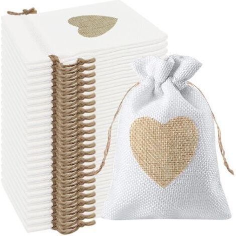 FENOPLASTICA24Pcs Motif de Coeur Sachets en Toile de Jute Pochettes 10  14CM, pour Dragees Mariage pour Bonbons Adeaux Cadeau Baptême Anniversaire Noël Petit (Blanche) (1/5)