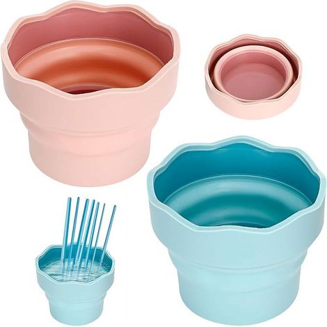 JANMIR-Lot de 2 distributeurs d'eau pliables pour peinture aquarelle, nettoyeurs de pinceaux, seaux de lavage portables en silicone pour aquarelle et peinture à l'huile (rose, bleu) (1/5)