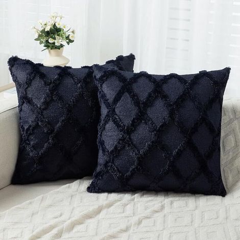 Lot de 2 Housses de Coussin Style Bohème en Peluche Bleue Marine 45x45cm, Douces et Confortables pour Canapé et Chambre (1/4)
