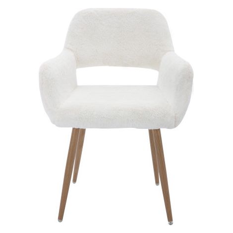 Silla de comedor con pelo sintético y reposabrazos, patas metálicas efecto madera, blanco MODENUIT (1/5)