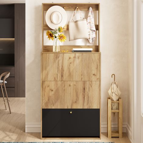 Zapatero de 3 puertas abatibles con ganchos, 75 x 24 x 180 cm, negro y natural DESVIAE (1/5)