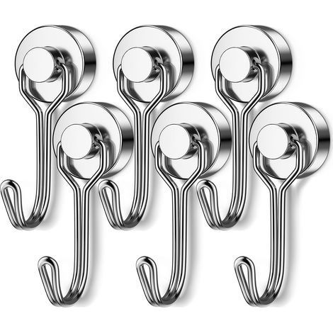 Lot de 6 crochets magnétiques pivotants en acier inoxydable N52 de 18,1 kg avec aimants très résistants, crochets magnétiques solides argentés pour réfrigérateur, boîte à outils, extérieur, (1/5)