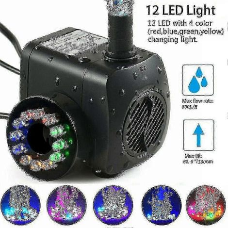 Pompe de fontaine 15W 800L/heure avec 12 lumières LED, adaptée aux bassins et aux jardins pataugeoires. (1/5)