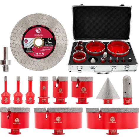 Foret Diamant Carrelage Kit - Scie Cloche Carrelage pour Porcelaine Marbre Granit 13 pièces (6/8/10/20/35/50/68/110/125mm+20mm Fraise+50mm Mèches Chanfrein Biseautée+Adaptateur+125mm Disque) (1/5)