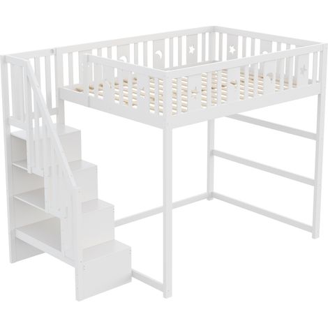 CAIziLit superposé 140x200 avec escalier, bois massif, étoiles et lune, blanc (1/5)