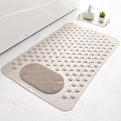 (Marron) Tapis de douche antidérapant avec massage des pieds, ventouse et trou de drainage lavable en machine. (1/3)