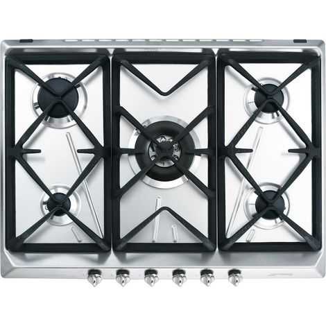 Smeg SRV576GH5. Colore del prodotto: Acciaio inox, Posizionamento dell'apparecchio: Da incasso, Dimensione della larghezza del piano cottura: 70 cm. Bruciatore piccolo: 1050 W, Bruciatore medio: 16... (1/6)