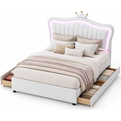 Lit enfant rembourré 140 x 200 cm avec LED, tête de lit couronne, 4 tiroirs de rangement, sommier à lattes et dossier réglable, blanc - CHICFURN (1/5)