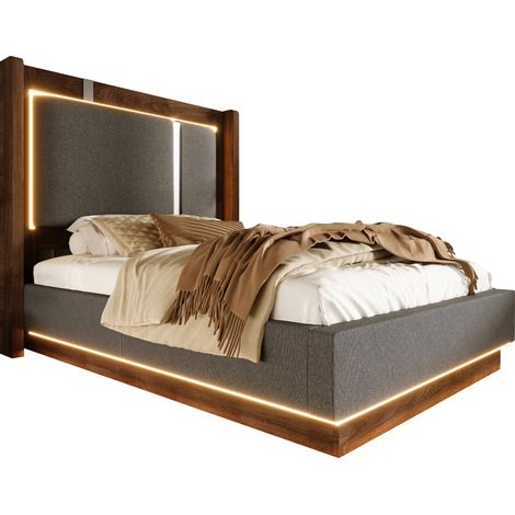 Lit ado capitonné 90x200 cm avec sommier, LED et coffre, hydraulique, lin gris et noyer, chambre ado, matelas non inclus (1/5)