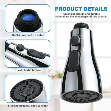 Douchette évier cuisine 360° – 3 modes : normal, pulvérisation, pause – Adaptateur pivotant – ABS technique pour installation rapide (1/4)