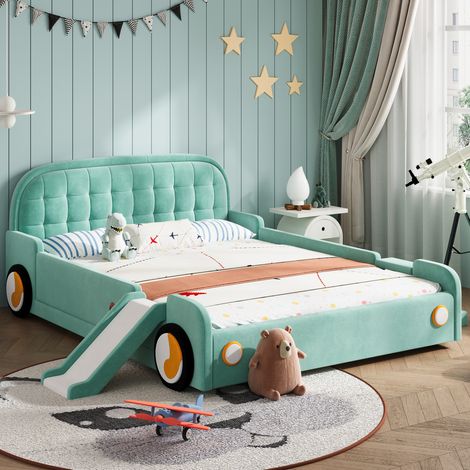 Lit enfant voiture avec toboggan et échelle, rembourré bleu-vert 140x200 cm OKWISH (1/5)