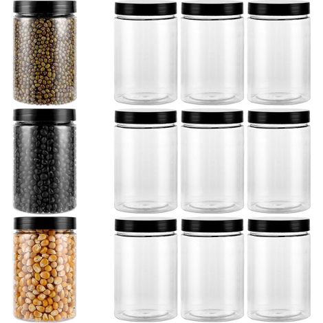 Lot de 12 Boîte de Conservation Plastique 290 ml - Récipient Transparent avec Couvercle Noir Hermétique - Pot de Rangement Réutilisable pour Cuisine, Épices, Thé, Noix et Bonbons (1/5)