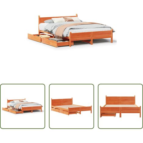 vidaXL Tiroir sous lit - Cadre de lit sans matelas cire marron 150x200cm bois pin massif (1/5)