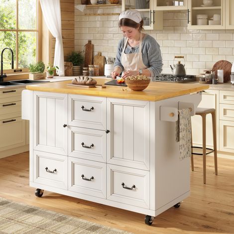 Mobile da cucina su ruote con piano ribaltabile, 5 cassetti e 2 ante bianco HAVRYA (1/5)