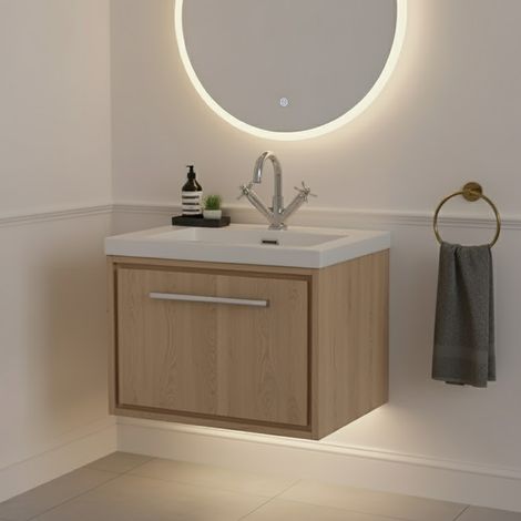 Hudson Reed Lille Wall Hung 1-Drawer Vanity Unit with 1TH Contemporary Basin 600mm Wide- Bleached Oak (1/5)
