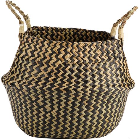 1 panier pliable en jonc de mer naturel tressé, organisateur de vêtements, pot de fleurs noir. (1/5)