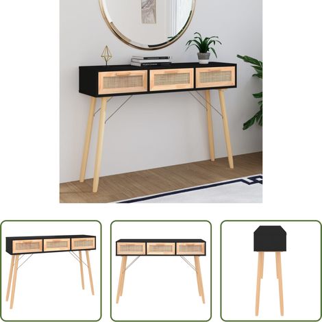 Rangement -  Table console Noir 105x30x75 cm Bois massif pin /rotin naturel (1/5)