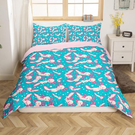 Bettwäsche Set Axolotl 200x200cm mit 2 Kissenbezügen 80x80cm, Kinder Bettgarnitur Rosa Blau