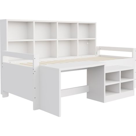 Cama infantil alta 90x200 cm con escritorio, almacenaje, USB y LED en madera blanca HOMVRA (1/5)