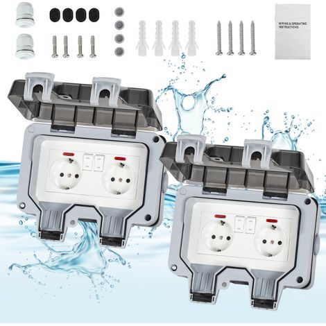 Jiubiaz 2X Außensteckdose Gartensteckdose Outdoor Steckdose IP66 16A Wasserdicht Staubdicht Wandsteckdose 2 Loch mit Schalter