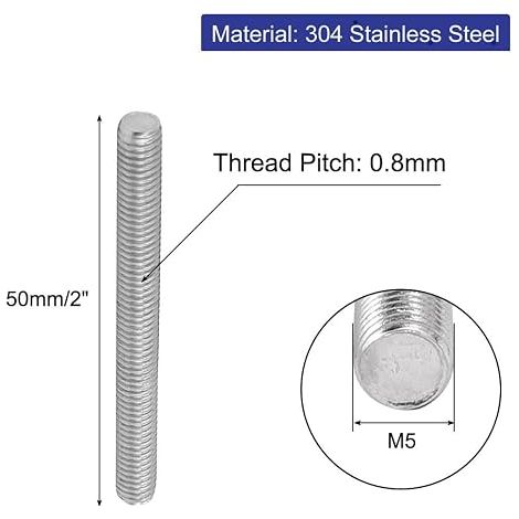 Threaded Rod M5x50mm Stainless Steel 304 Threaded Rod Silver Tone Studs (1/4)