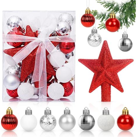 Boules de Noël rouges et blanches, 30 mini boules de Noël, 3 cm, boules de Noël en plastique, pour décorer le sapin de Noël. (1/5)